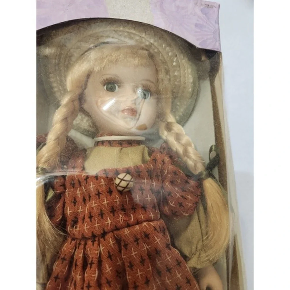 Collectable Porcelain Doll in Box Blonde Hair Blue Eyes Brown Dress FlowerBasket - Picture 2 of 7